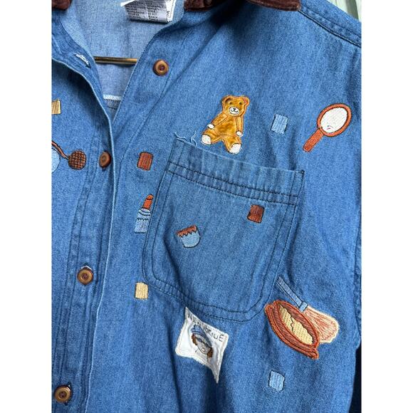 Vintage Embroidered Denim Shirt Women’s Large – Velvet Collar – 90s Cottagecore - Picture 3 of 6